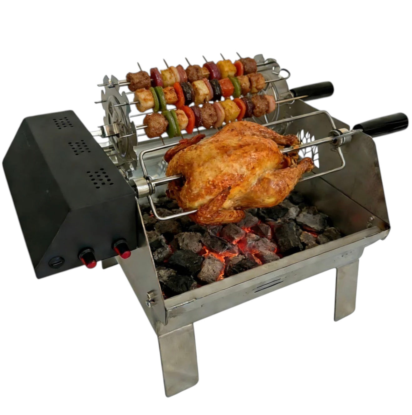 BBQ FIRE electric rotisserie grill with double row skewers and a whole chicken cooking over hot coals. Stainless steel construction.