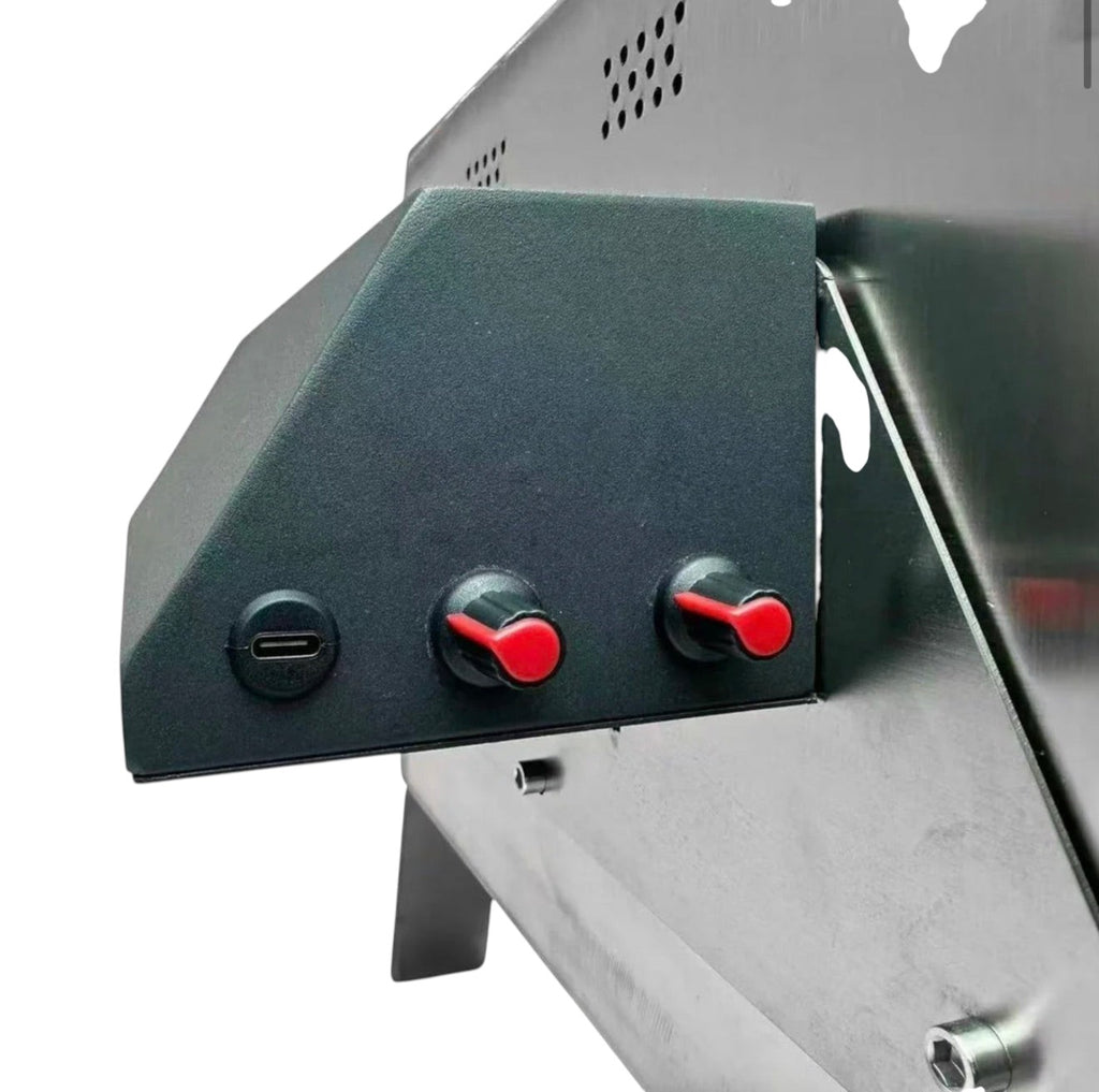 BBQ FIRE electric rotisserie grill with stainless steel construction and two red-knob controls.