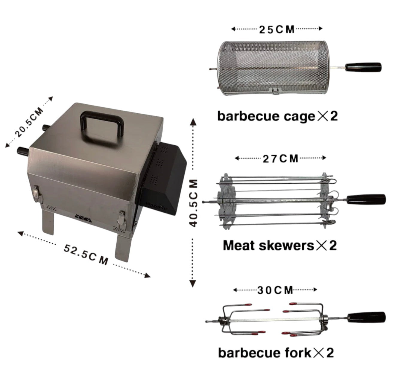 BBQ FIRE stainless steel electric rotisserie grill with double row, includes cage, meat skewers, and forks.