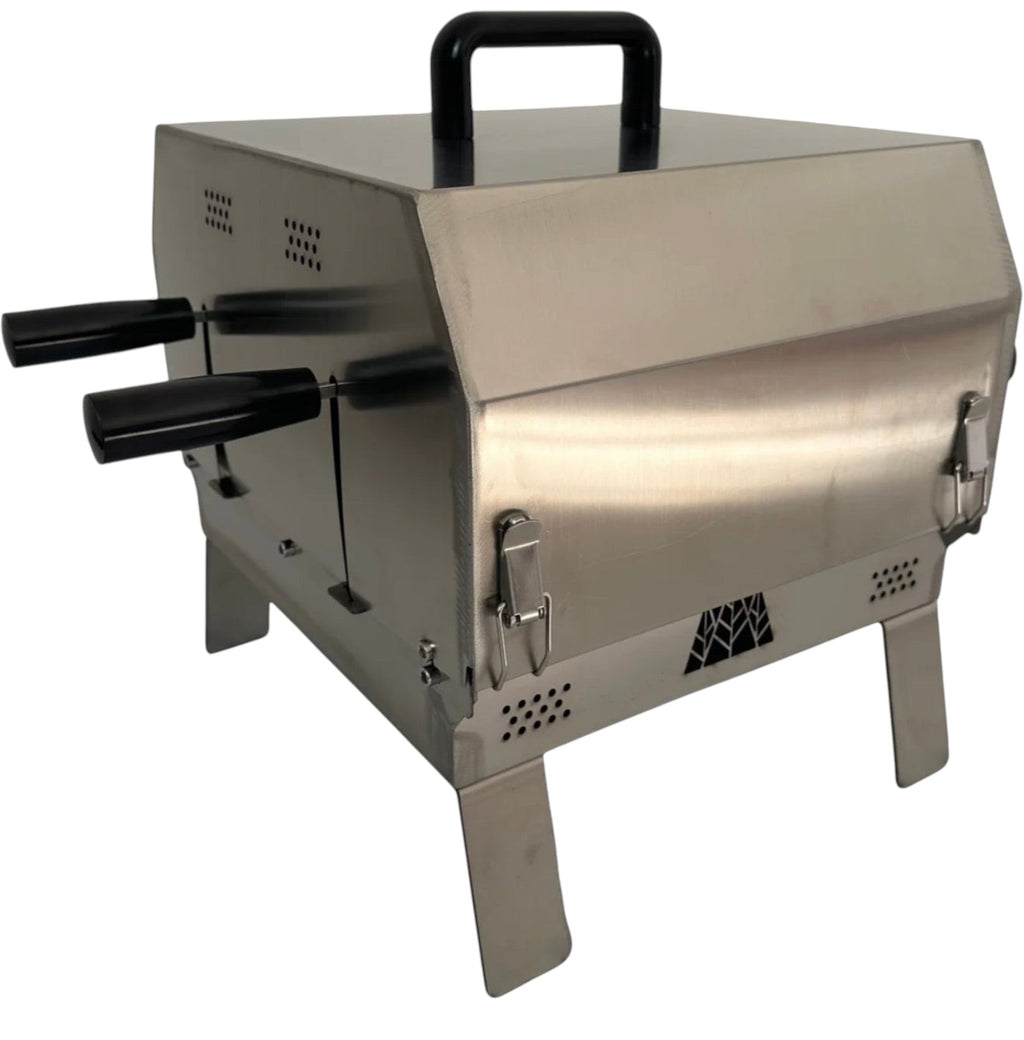 BBQ FIRE stainless steel electric rotisserie grill with double row, black handles, and portable design.
