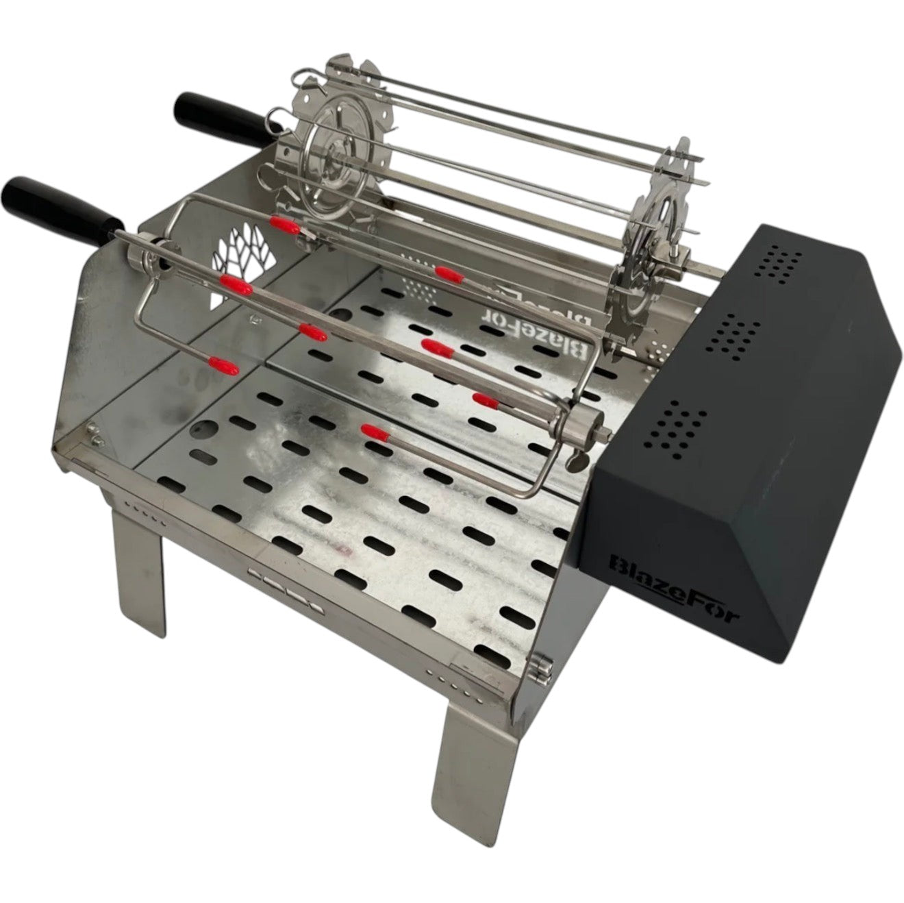 BBQ FIRE electric rotisserie grill with double row skewers, made of stainless steel with black handles.