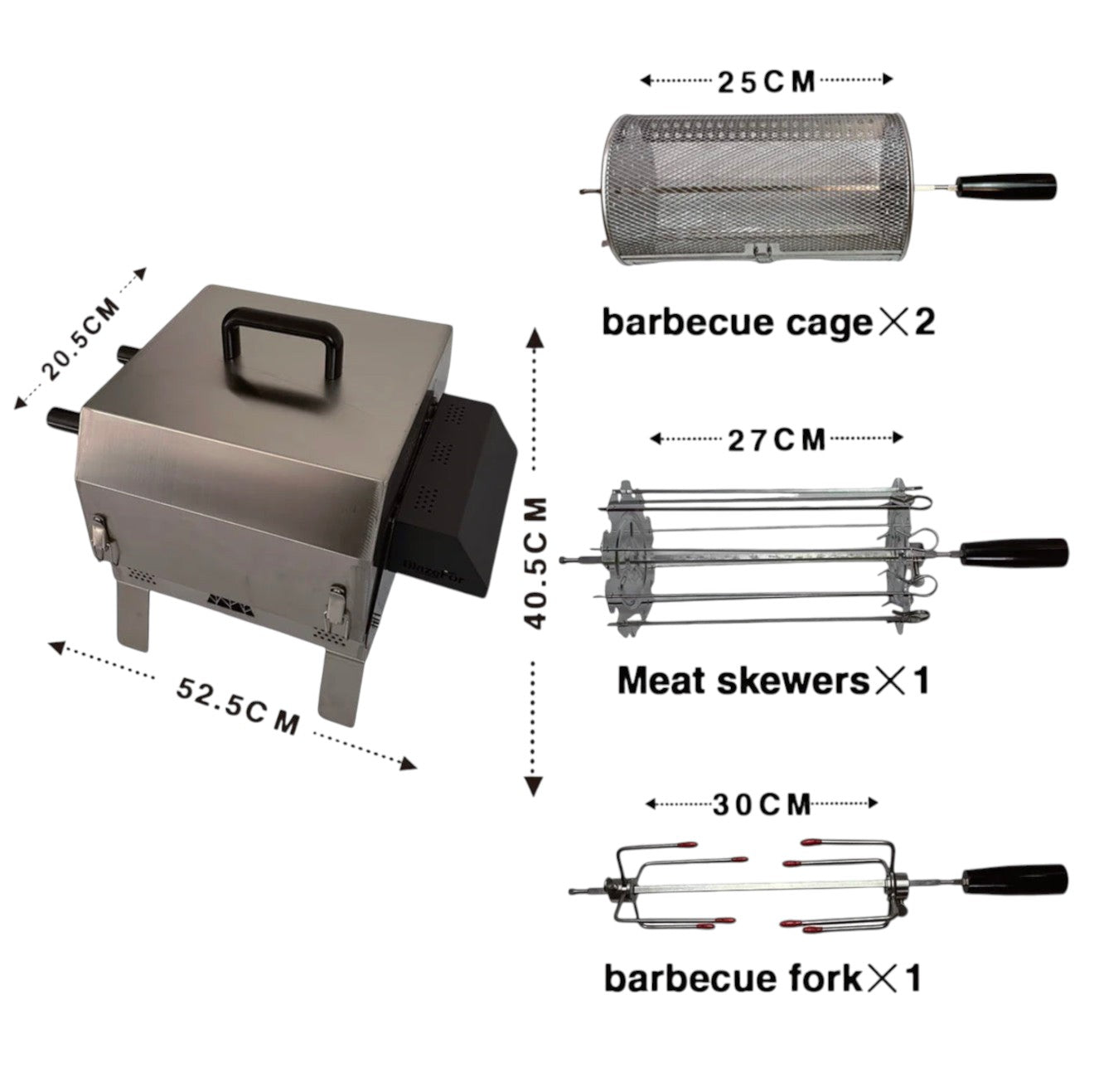BBQ FIRE stainless steel electric rotisserie grill with double row, includes cage, meat skewers, and forks. Dimensions 52.5x20.5x40.5cm.