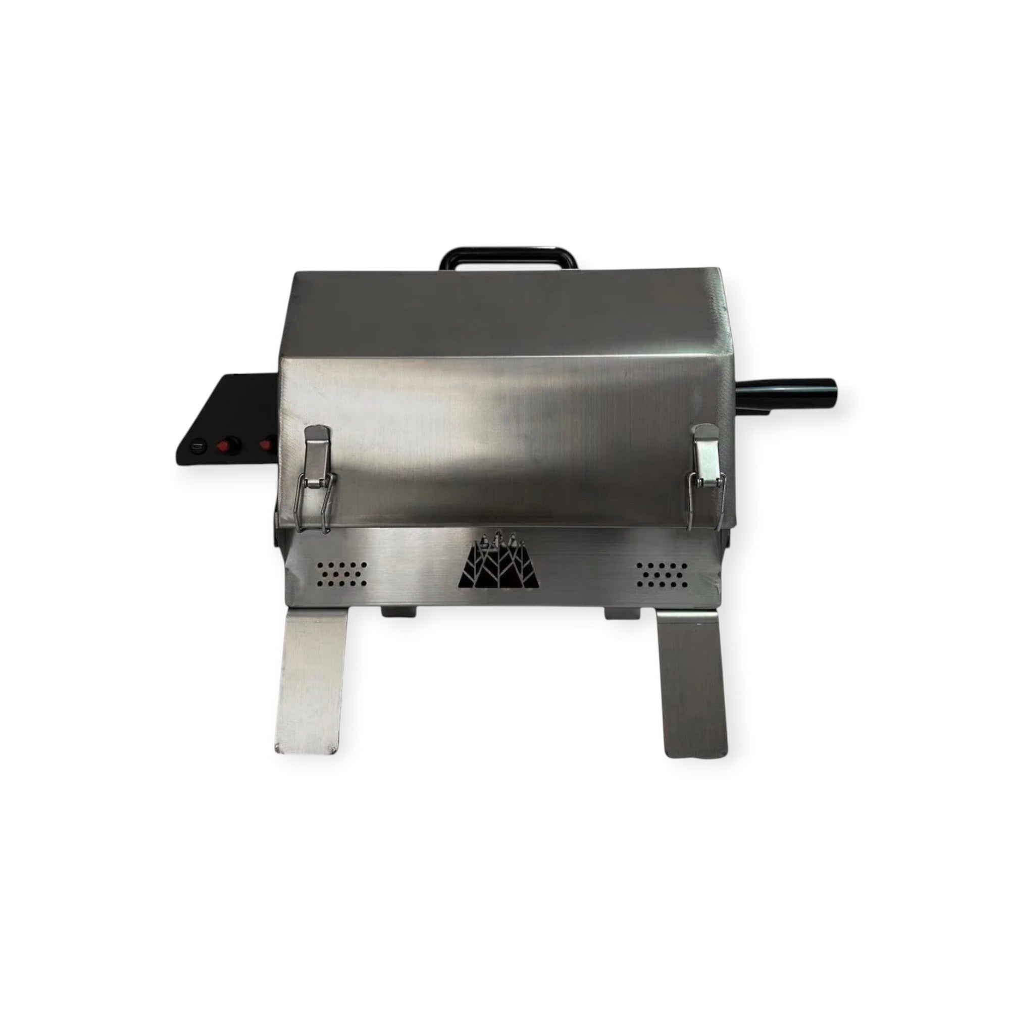 BBQ FIRE stainless steel electric rotisserie grill with double row, black handles, and silver legs.