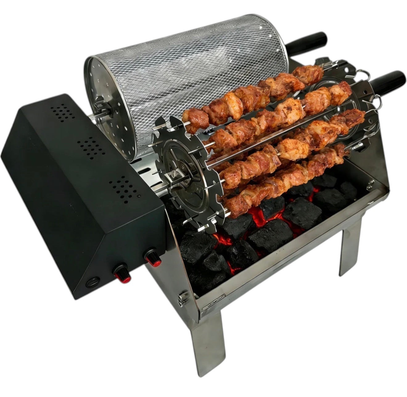 BBQ FIRE electric rotisserie grill with double row of skewers cooking over hot coals, stainless steel construction.