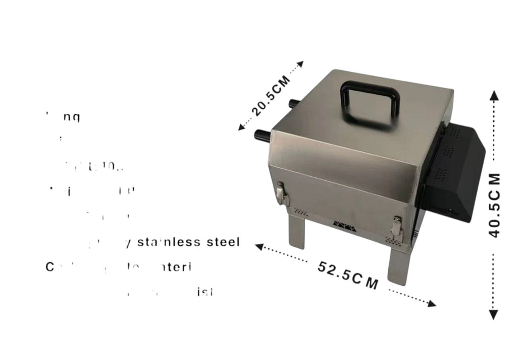 BBQ FIRE stainless steel electric rotisserie grill with double row, 52.5cm L x 36.5cm W x 40.5cm H.