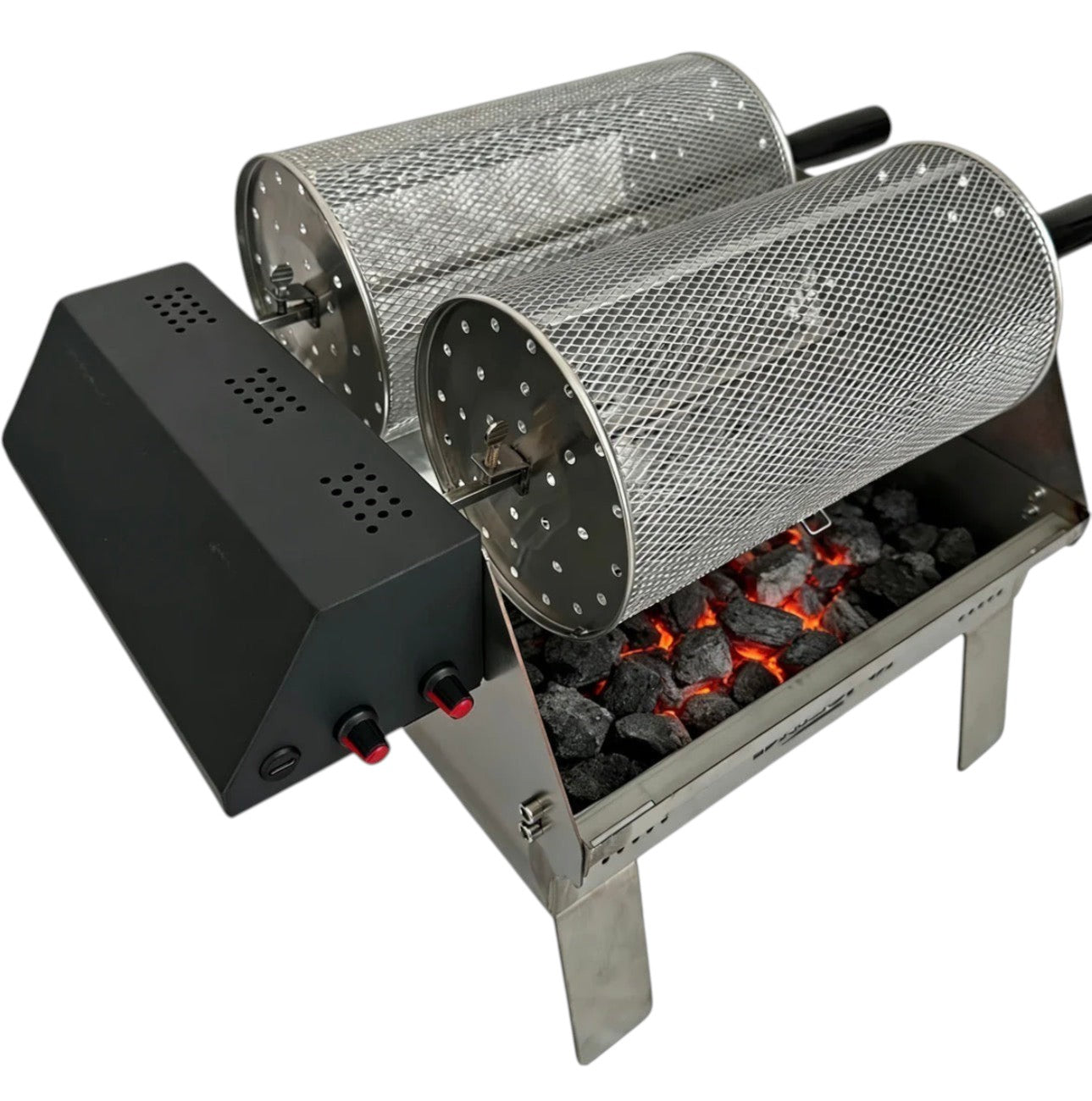 BBQ FIRE electric double rotisserie grill with stainless steel construction and dual mesh baskets over glowing coals.