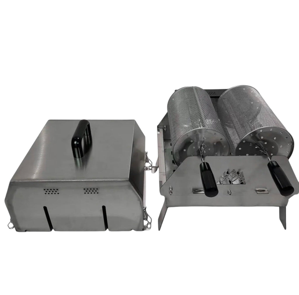 BBQ FIRE stainless steel electric rotisserie grill with double rotating baskets and a removable lid.
