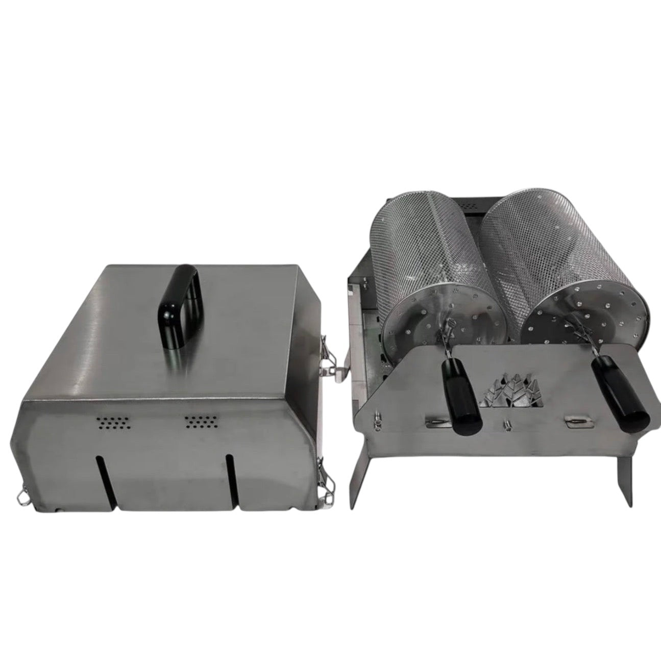 BBQ FIRE stainless steel electric rotisserie grill with double rotating baskets and a removable lid.