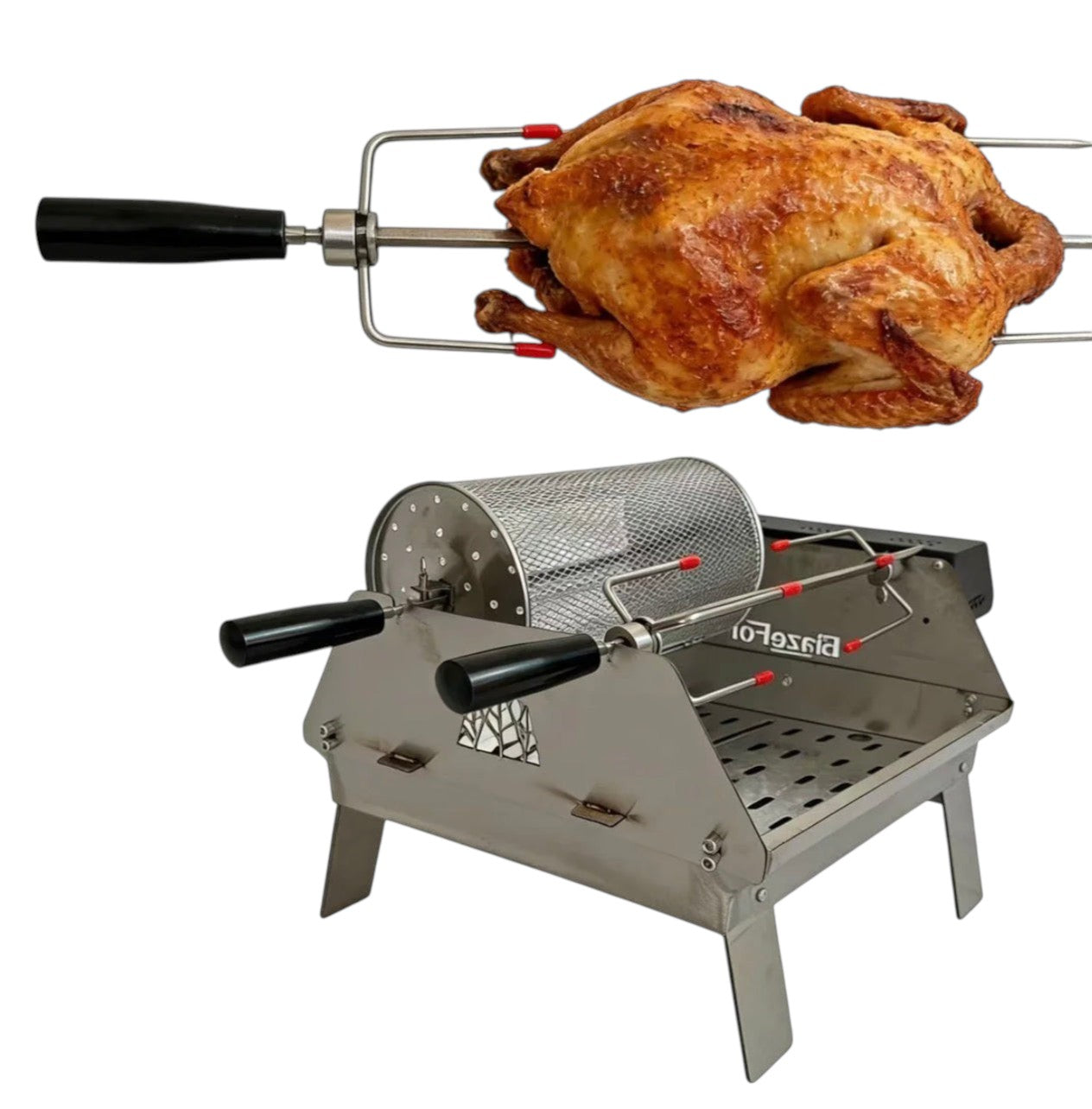 BBQ FIRE electric rotisserie grill with double row spit, stainless steel construction, and a rotisserie basket. Includes a whole roasted chicken.