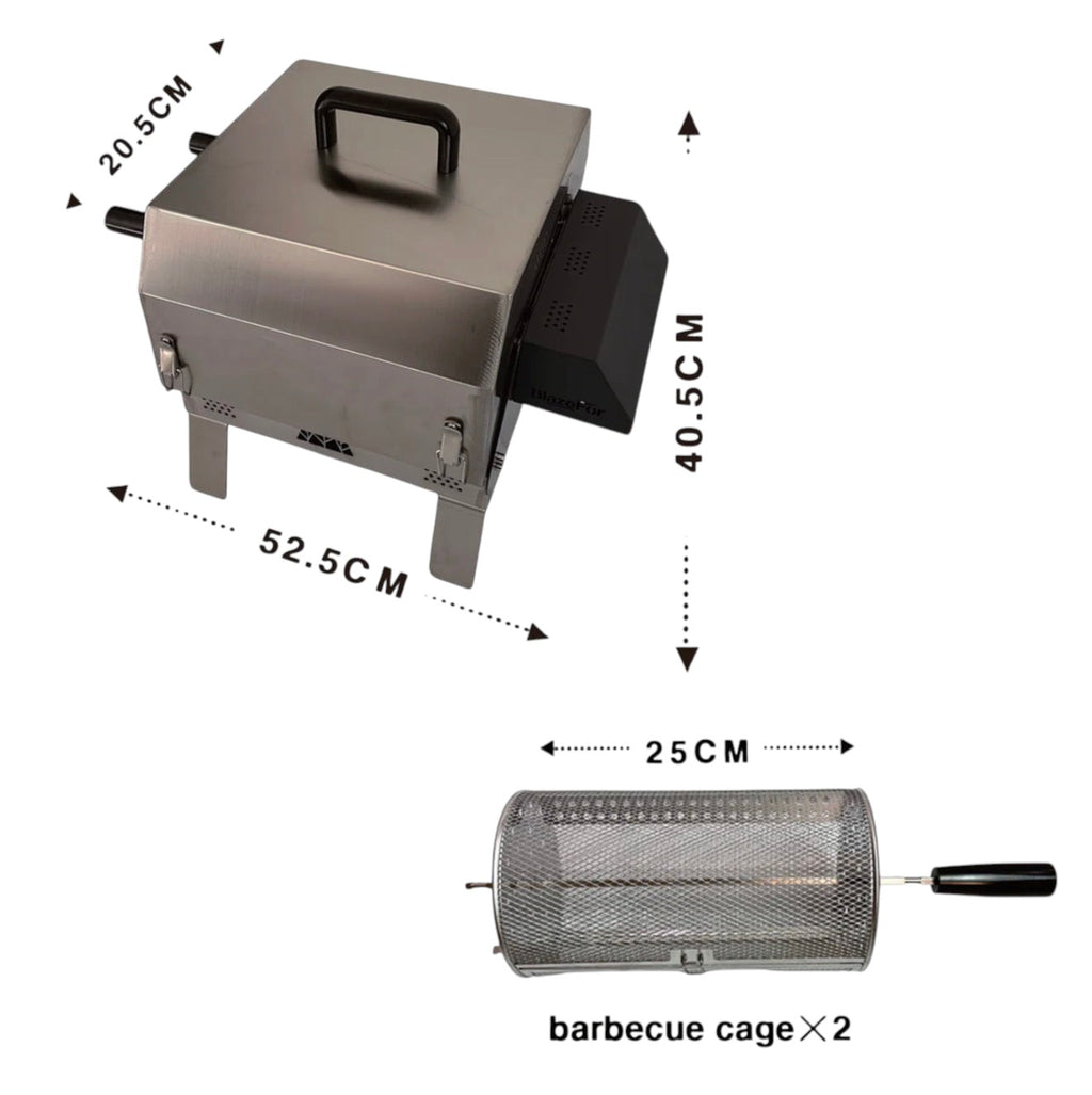 BBQ FIRE stainless steel electric rotisserie grill with double row, includes rotisserie cage. Dimensions: 52.5cm L x 20.5cm W x 40.5cm H.