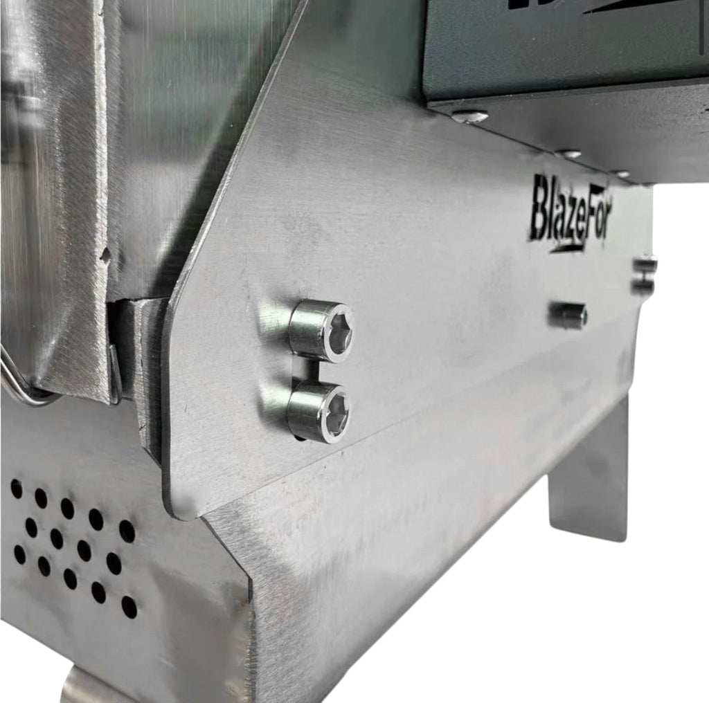 BBQ FIRE F4 electric double row rotisserie grill, made of stainless steel with hexagonal bolts and ventilation holes.