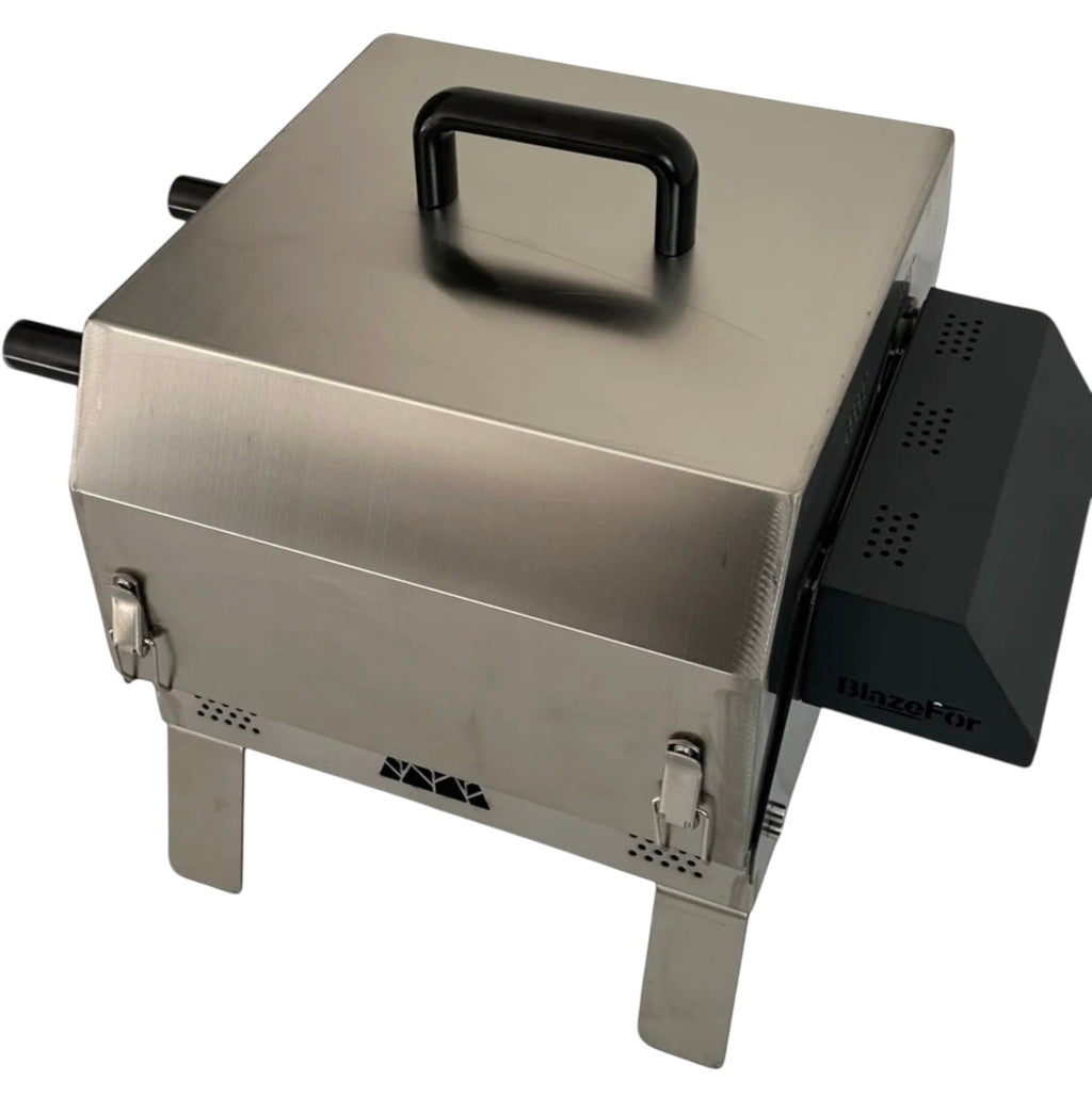 BBQ FIRE F4 electric rotisserie grill, stainless steel construction with black accents, dual-row rotisserie, and folding legs.
