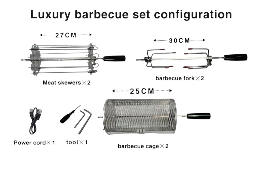 BBQ FIRE F4 electric rotisserie set with meat skewers, barbecue forks, and cage. Stainless steel construction.