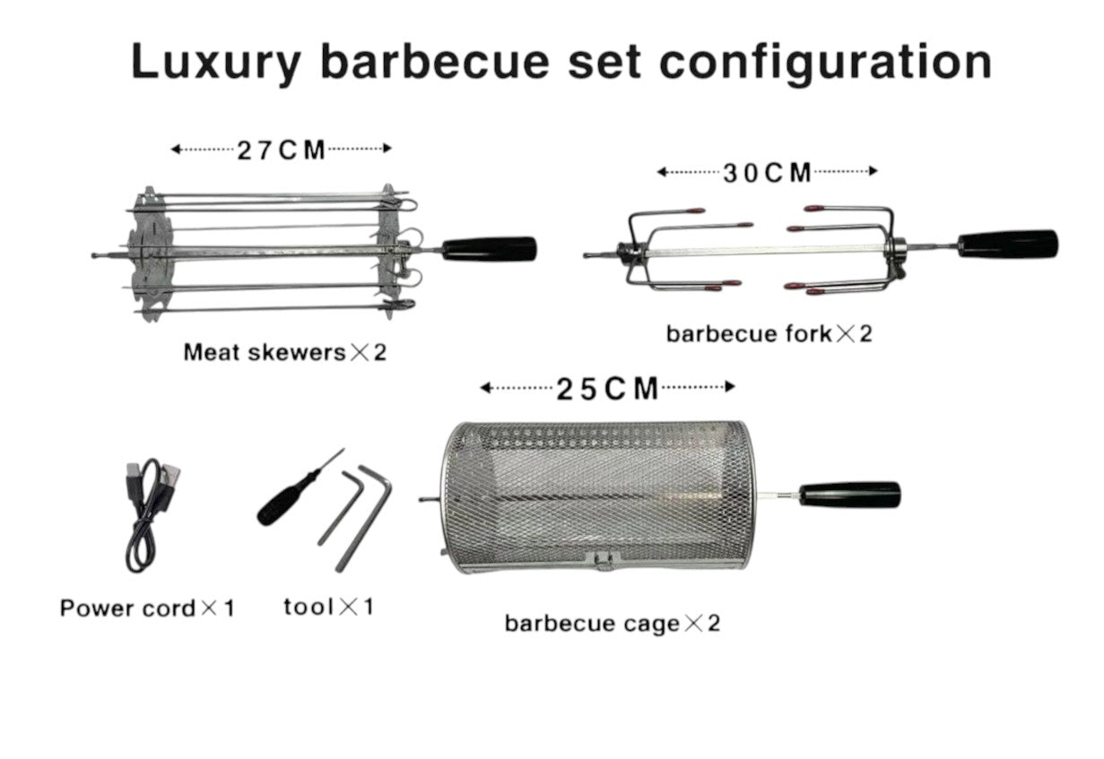 BBQ FIRE F4 electric rotisserie set with meat skewers, barbecue forks, and cage. Stainless steel construction.