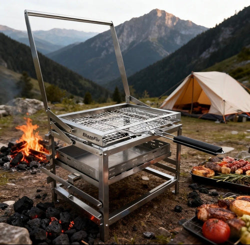 BBQ FIRE adjustable charcoal barbecue grill with rotisserie in a mountain campsite setting with a tent and campfire.