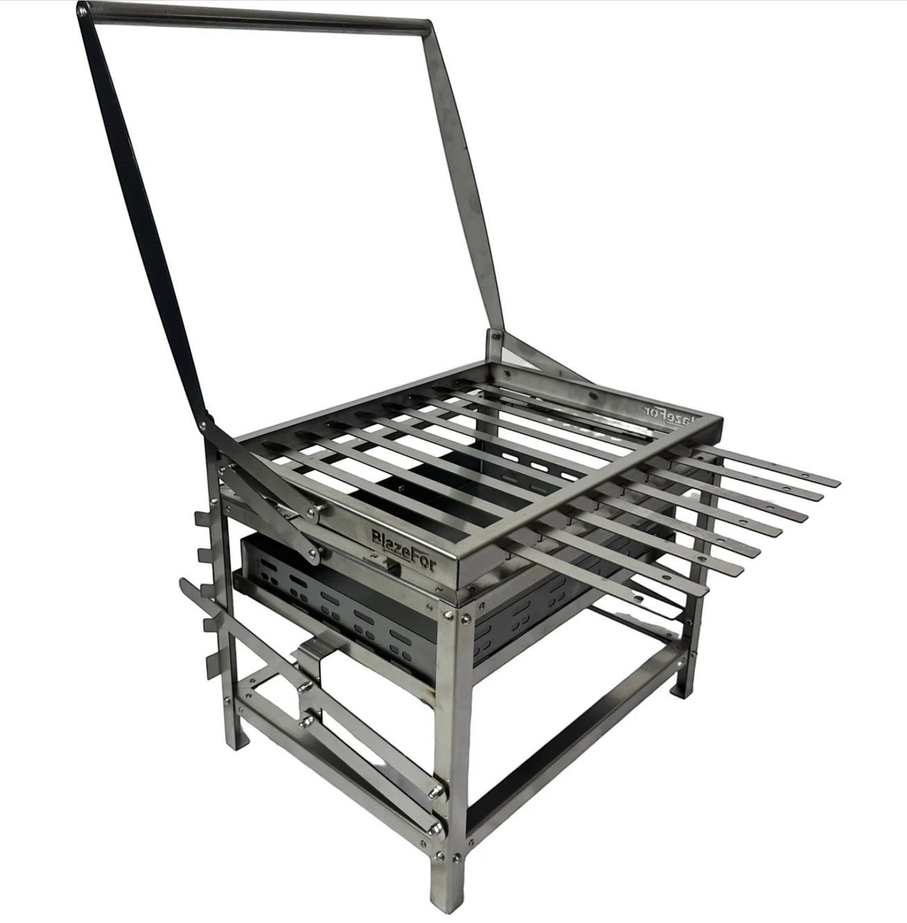 BBQ FIRE stainless steel rotisserie charcoal grill with adjustable height and multiple skewers, ideal for outdoor cooking.