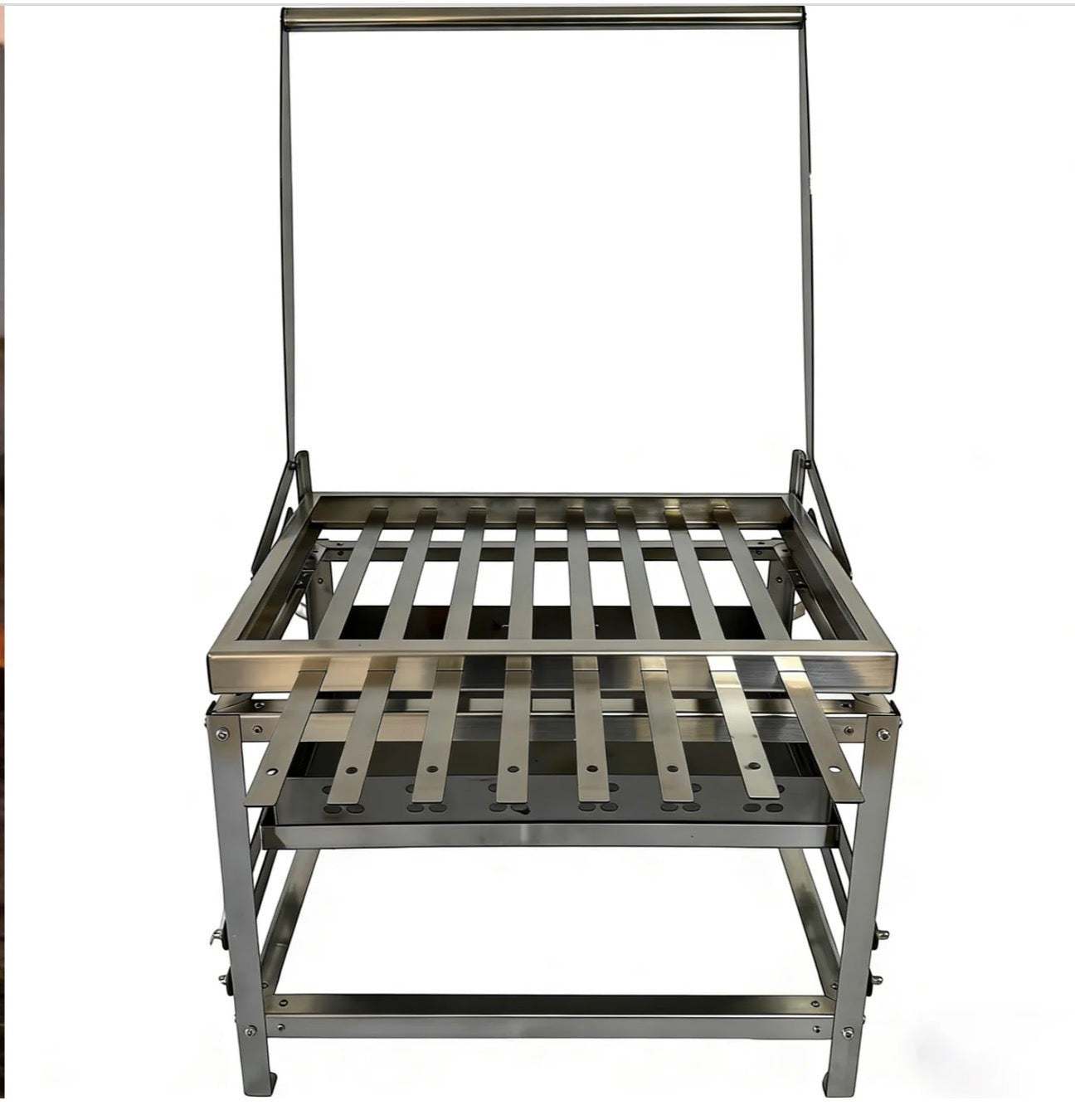 BBQ FIRE stainless steel rotisserie charcoal grill with adjustable height and easy turning mechanism for outdoor cooking.