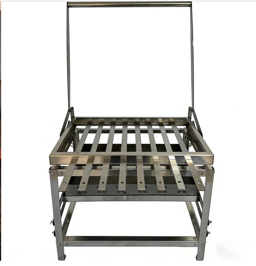 BBQ FIRE stainless steel rotisserie charcoal grill with adjustable height and easy turning mechanism for outdoor cooking.