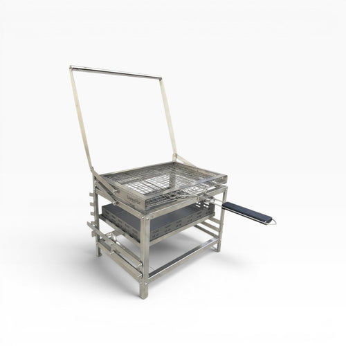 BBQ FIRE adjustable charcoal rotisserie grill made of stainless steel with a black handle and a removable charcoal tray.