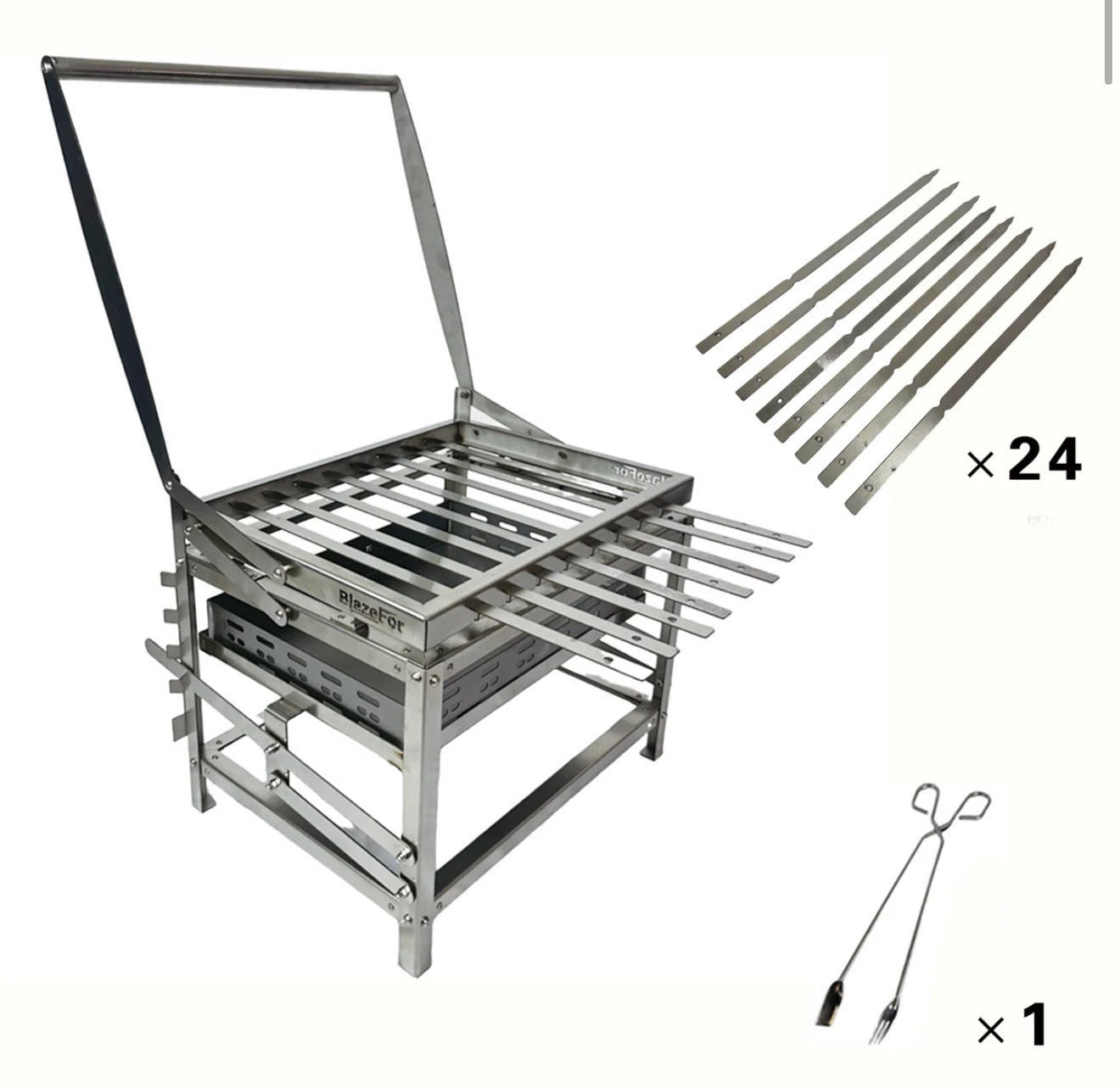 BBQ FIRE stainless steel rotisserie barbecue grill with adjustable charcoal height and 24 skewers, includes tongs.