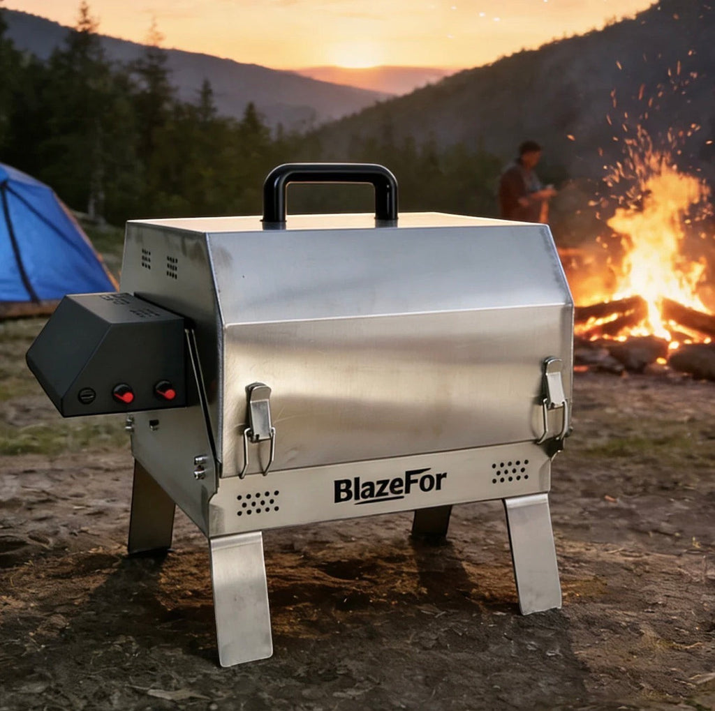 BBQ FIRE stainless steel double-row electric rotisserie grill with black control panel and red knobs, ideal for outdoor camping.
