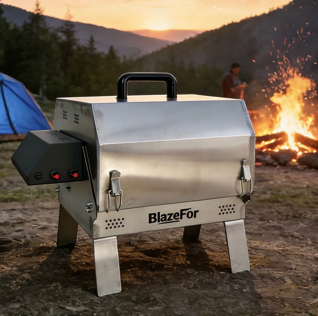 BBQ FIRE stainless steel double-row electric rotisserie grill with black control panel and red knobs, ideal for outdoor camping.