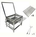 BBQ FIRE stainless steel rotisserie grill with adjustable charcoal height and 8 skewers, includes tongs. Ideal for outdoor cooking.