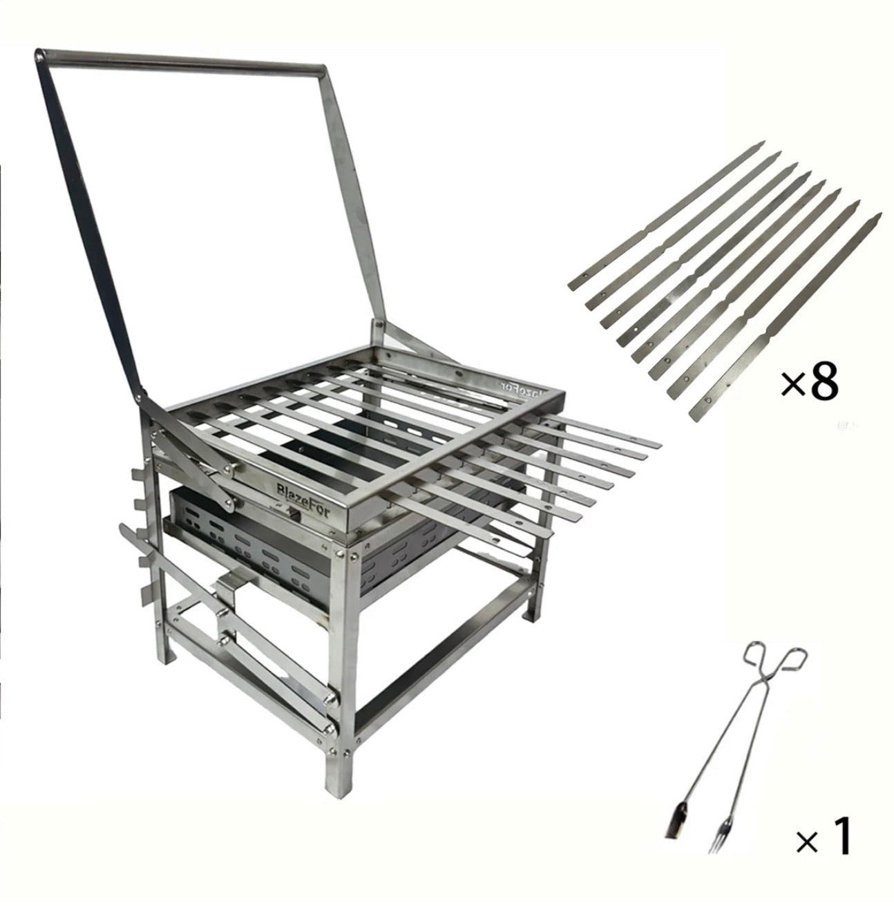 BBQ FIRE stainless steel rotisserie grill with adjustable charcoal height and 8 skewers, includes tongs. Ideal for outdoor cooking.