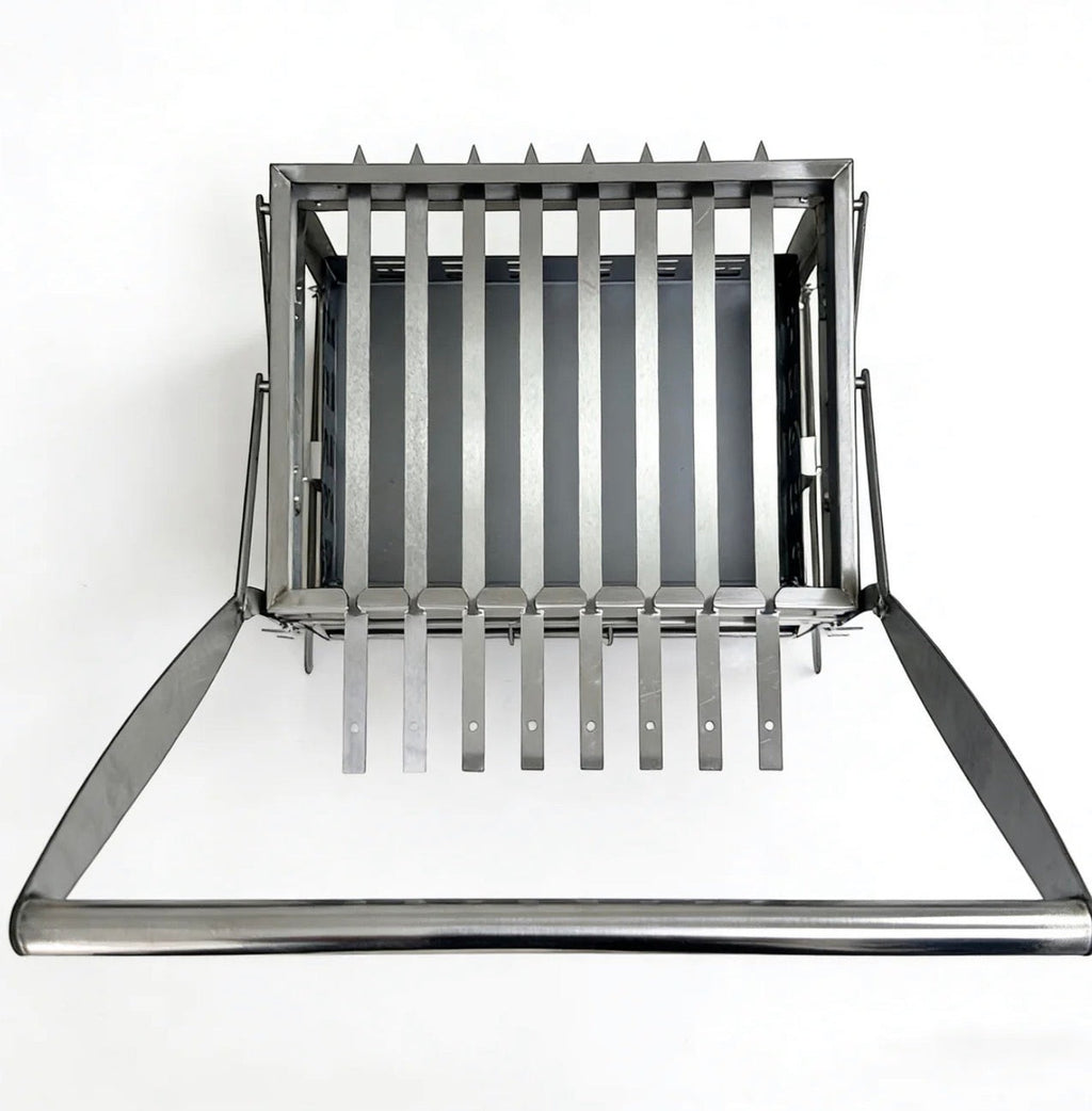 BBQ FIRE stainless steel rotisserie basket with adjustable height for precise grilling, perfect for outdoor cooking.