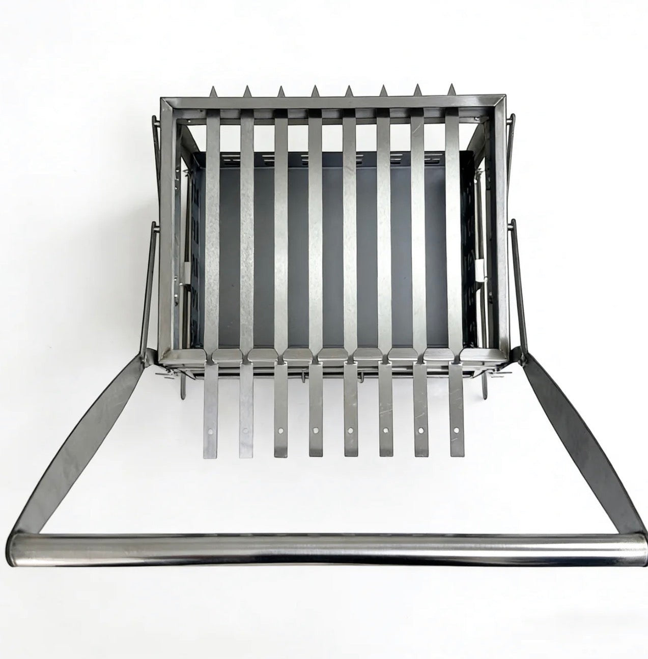 BBQ FIRE stainless steel rotisserie basket with adjustable height for precise grilling, perfect for outdoor cooking.