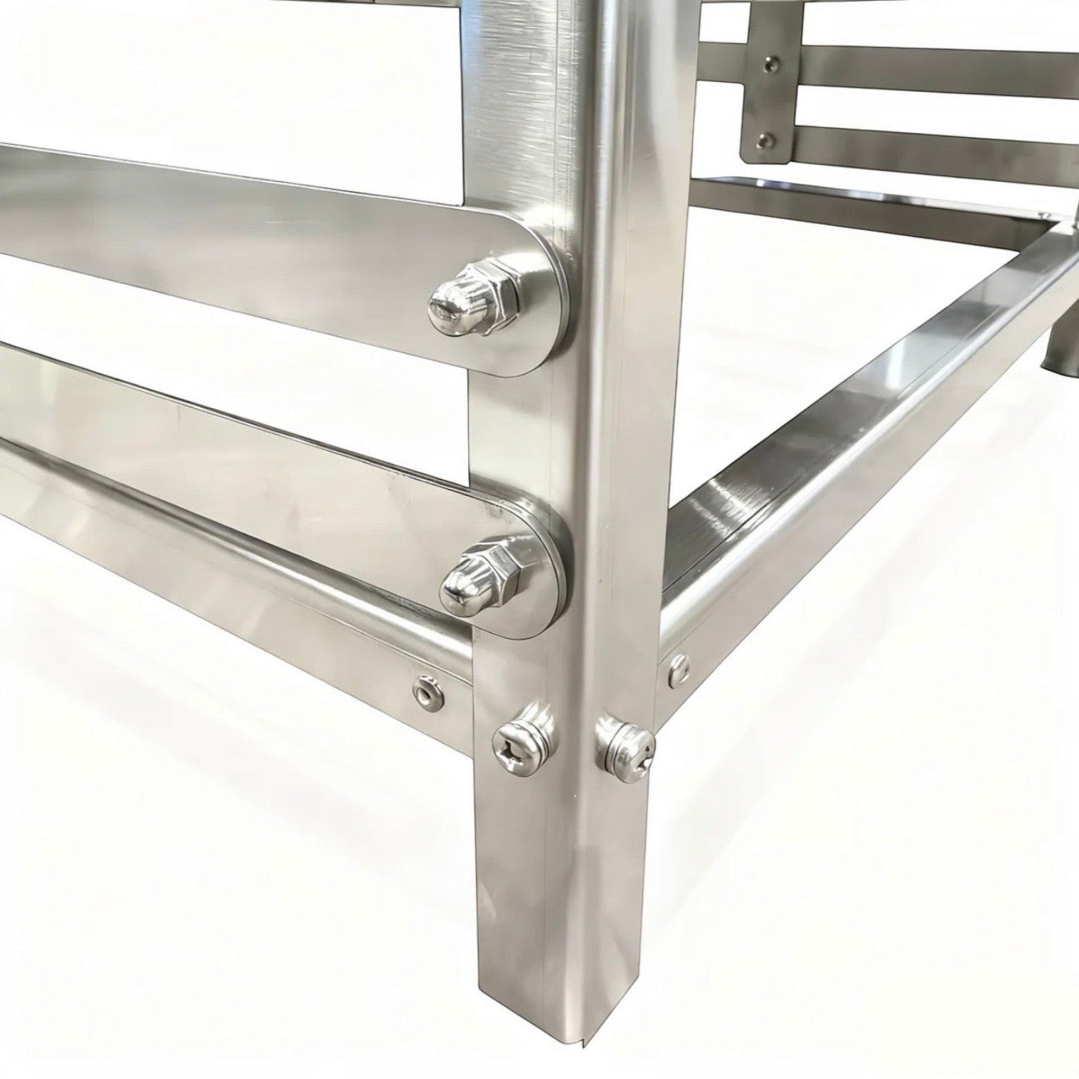 BBQ FIRE adjustable stainless steel rotisserie barbecue frame with visible bolts and screws.