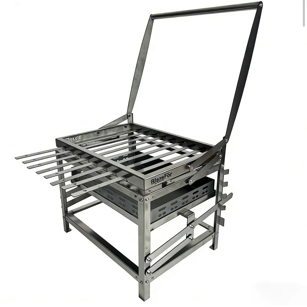 BBQ FIRE stainless steel rotisserie charcoal grill with adjustable height and skewers, perfect for outdoor cooking.