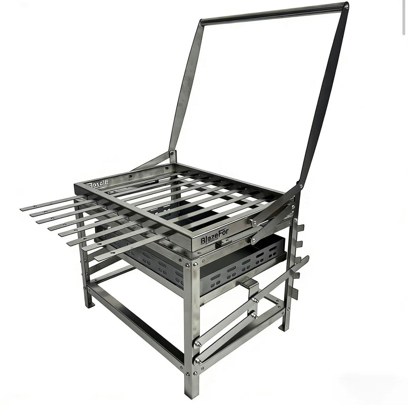 BBQ FIRE stainless steel rotisserie charcoal grill with adjustable height and skewers, perfect for outdoor cooking.