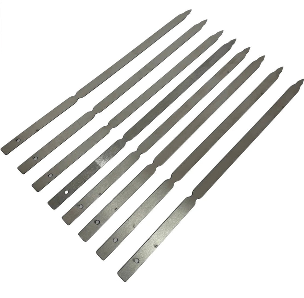 BBQ FIRE set of 10 stainless steel skewers with pointed tips and flat handles for easy grip and turning.