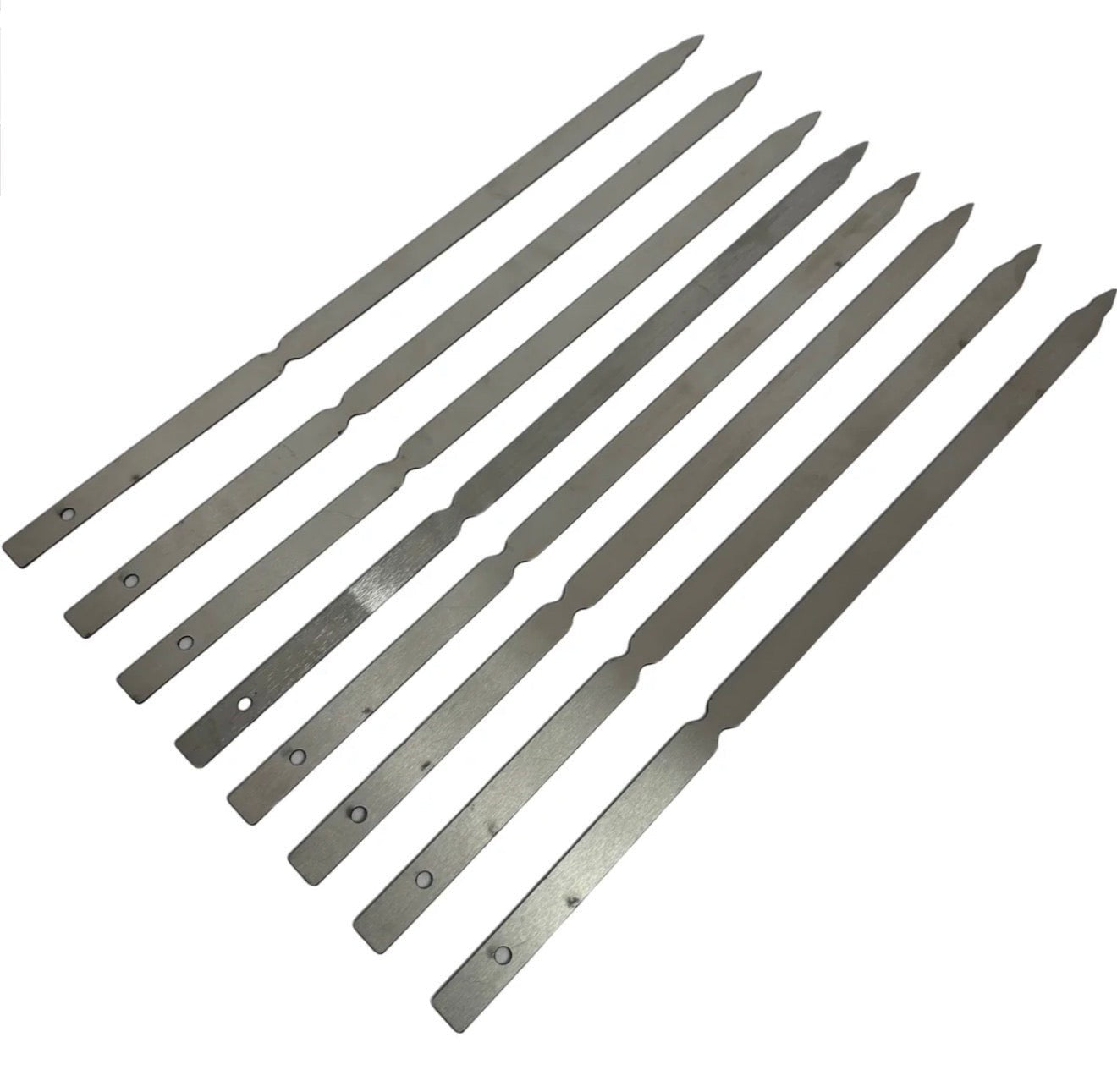 BBQ FIRE set of 10 stainless steel skewers with pointed tips and flat handles for easy grip and turning.