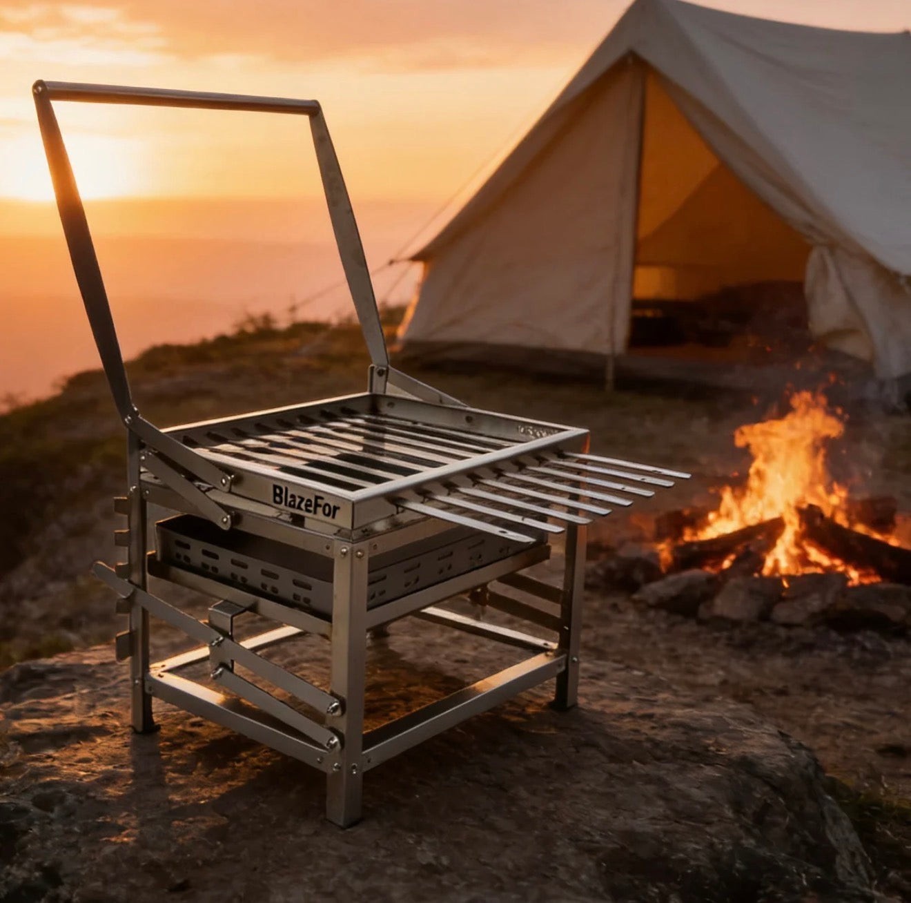 BBQ FIRE portable stainless steel charcoal grill with adjustable height and rotating skewers, set up outdoors by a campfire with a tent in the background at sunset.