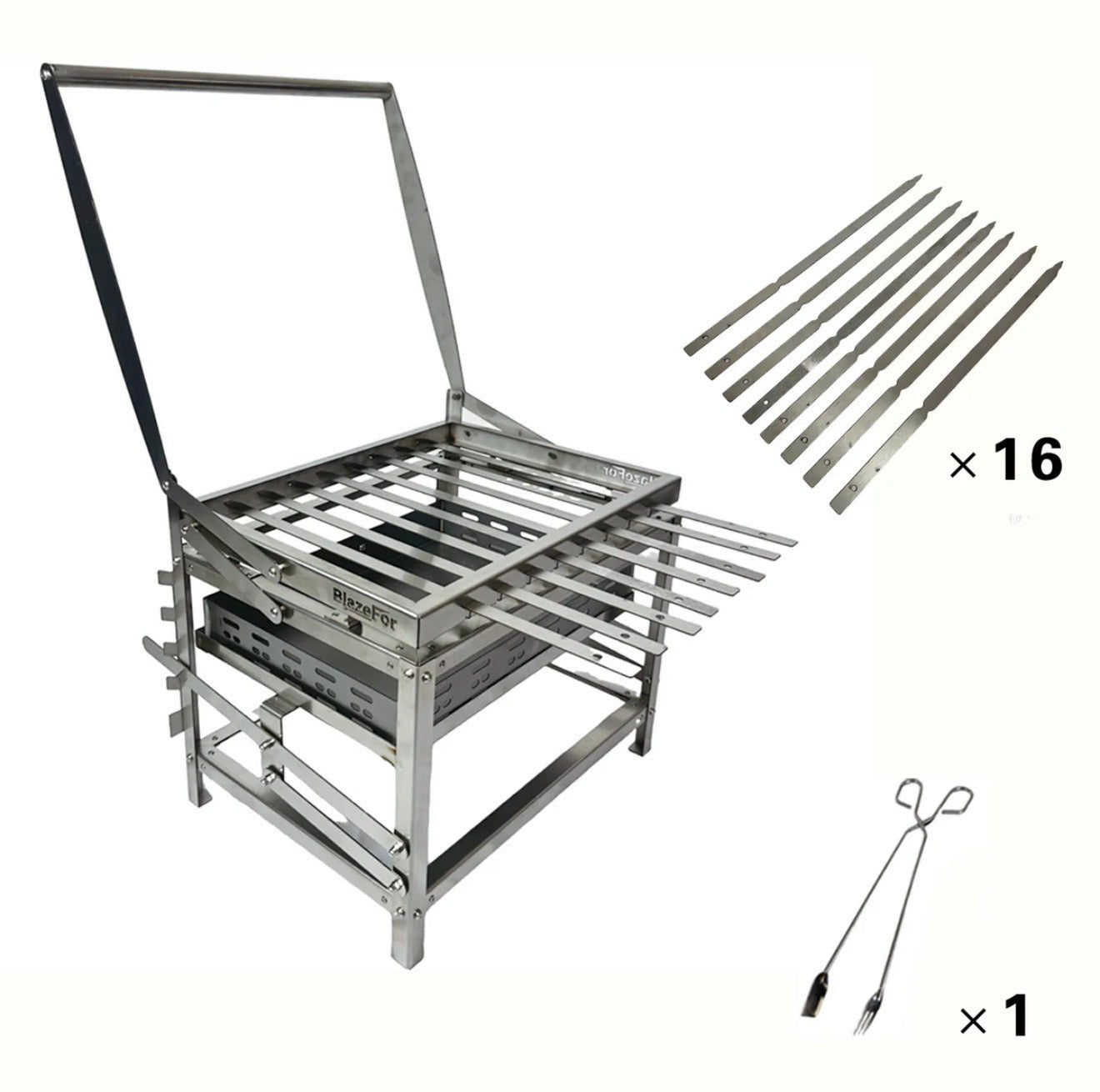 BBQ FIRE stainless steel rotisserie charcoal grill with adjustable height and 16 skewers, includes tongs.