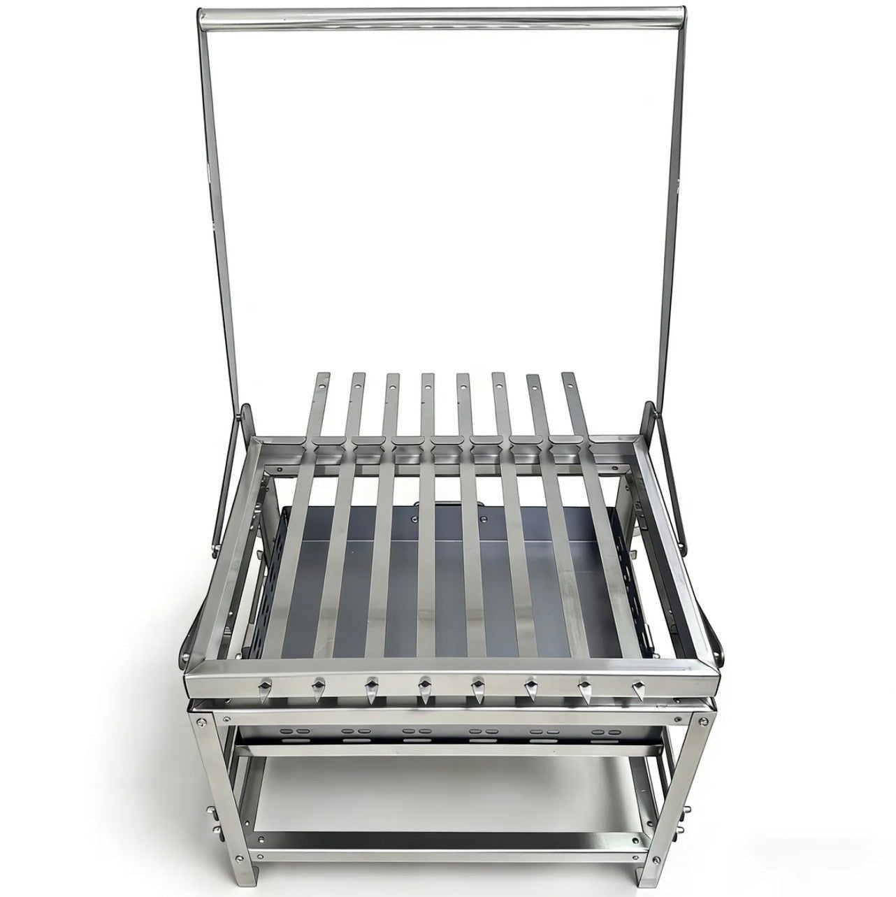 BBQ FIRE stainless steel rotisserie charcoal grill with adjustable height and multiple skewers, perfect for outdoor cooking.