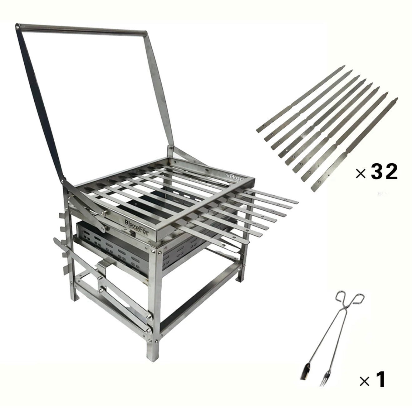 BBQ FIRE stainless steel rotisserie grill with adjustable height charcoal tray and 32 skewers, includes tongs.
